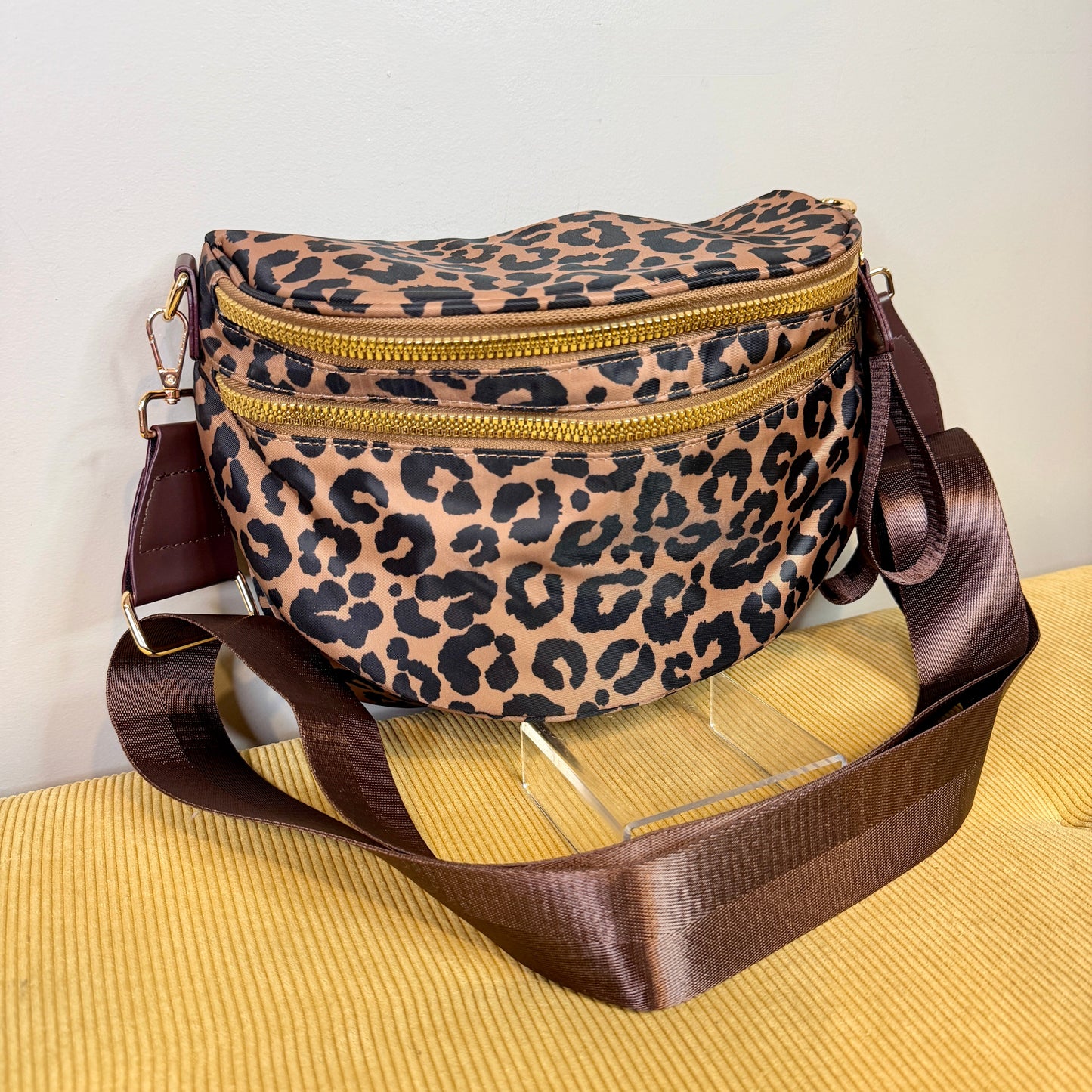 The Roni Nylon Crossbody - Black & Caramel Animal Print